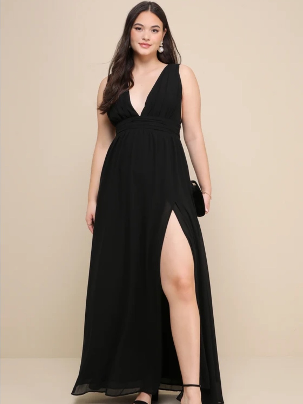 Lulu's Heavenly Hues Black V-Neck Pleated Maxi Dress Large Side Slit Deep V-Neck
